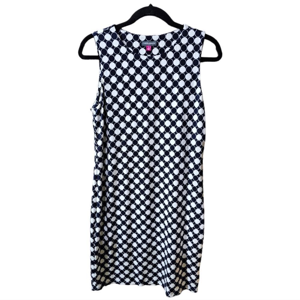 VINCE CAMUTO Navy & White Polka Dot Sleeveless Sheath Dress - Size Large